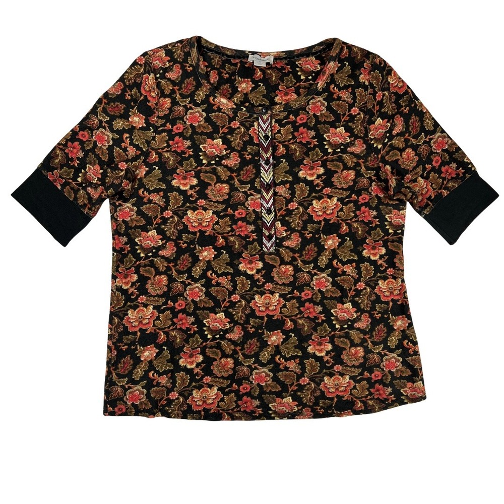 Sundance Floral Top Womens M Boho Black Multicolor Short Sleeve
